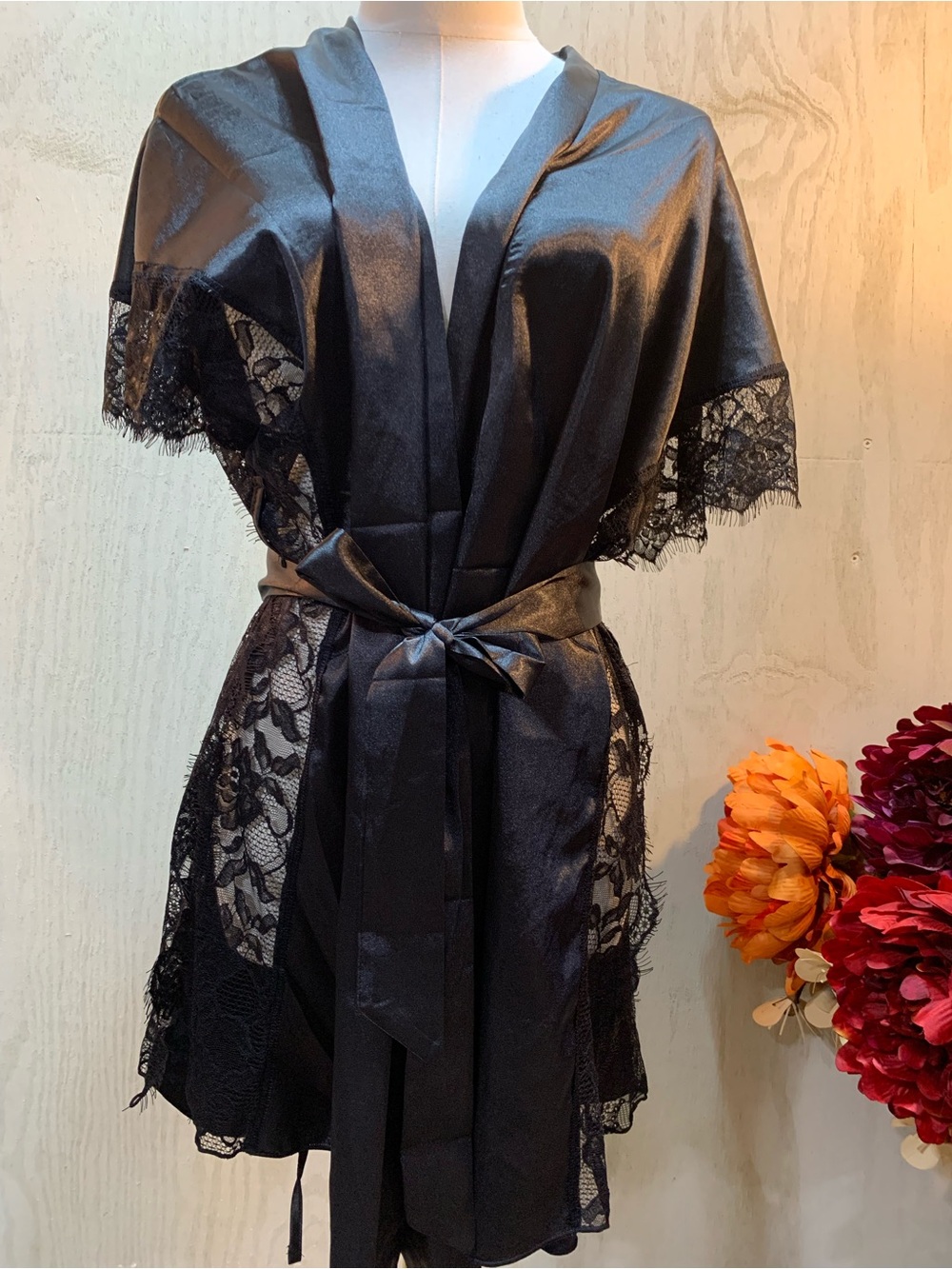 Satin Lace-Trim Robe - Black